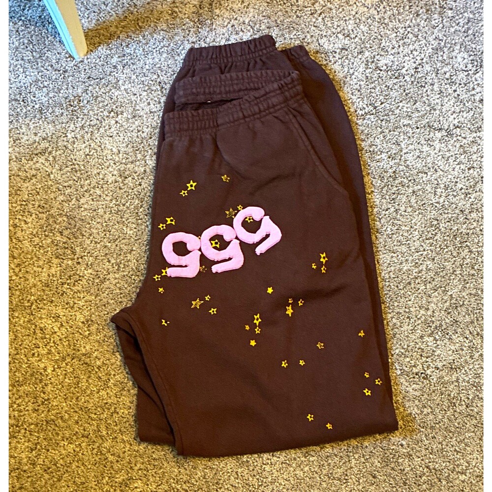 sp5der women’s 555 Brown Star Logo Sweatpants L Drawstring Pockets Tapered